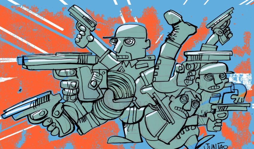 Ilustra&ccedil;&atilde;o em tom cr&iacute;tico mostra v&aacute;rios policiais fardados sobrepostos, com bra&ccedil;os multiplicados segurando pistolas e fuzis em diferentes dire&ccedil;&otilde;es, formando um corpo coletivo exageradamente armado sobre fundo azul e laranja.