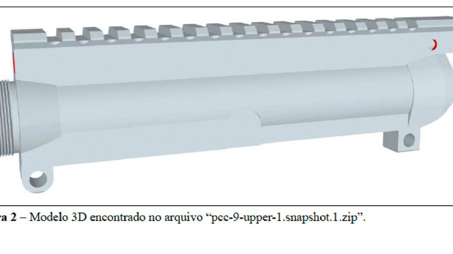 Modelo tridimensional em formato STEP (linguagem universal de desenho industrial) de peça para o fuzil AR-15, identificado no arquivo digital "pcc-9-upper-1.snapshot.1.zip" e apreendido durante investigação da Polícia Federal.